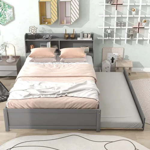 Vista 12 de Bellemave Cama matrimonial con nido y estantería, base de cama de plataforma con almacenamiento para niños, sin ruido, no necesita somier, fácil