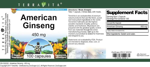 Vista 3 de TerraVita Ginseng Americano - 450 mg (100 Cápsulas, ZIN: 520232)