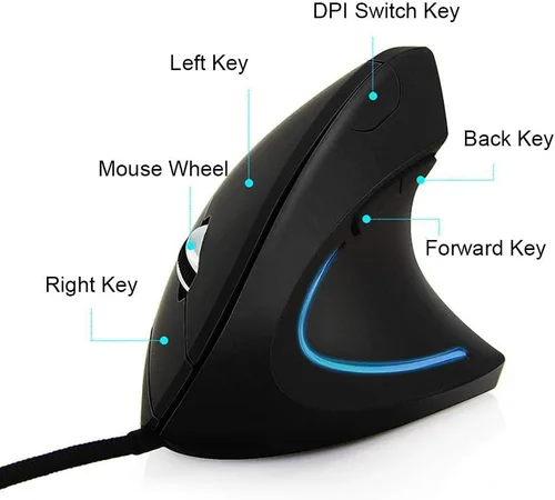 Vista 6 de Ratón ergonómico con cable, ratón óptico vertical para juegos de 3200 ppp, mouse vertical óptico ergonómico ajustable 6D con LED adecuado para PC