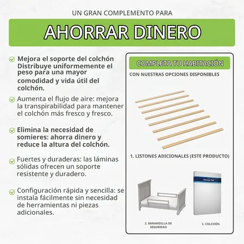 Vista 6 de CC KITS Juego de ocho (8) listones de madera maciza de 53 3/4 pulgadas de tamaño matrimonial/doble, uso de kits de conversión de cuna, marco