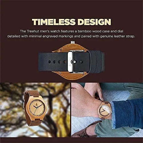 Vista 7 de Treehut Reloj de madera de bambú de nogal para hombre con correa de cuero marrón genuino analógico de cuarzo con movimiento Miyota, 1.3 pulgadas..