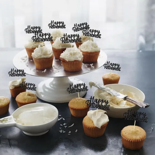 Vista 7 de Gyufise Decoración negra para cupcakes con purpurina para jubilados, decoración de pasteles para fiestas de jubilación, paquete de 36