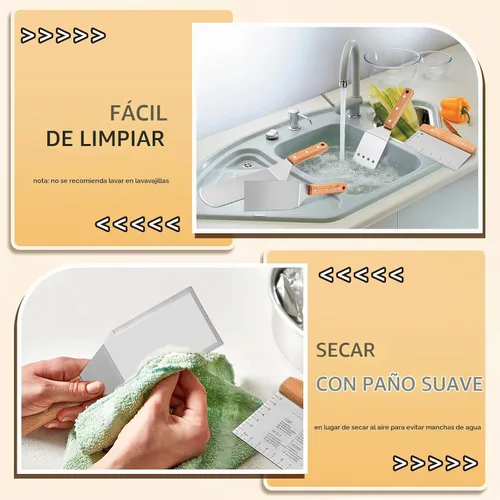 Vista 7 de HaSteeL - Juego de 4 espátulas de metal de acero inoxidable con mango remachado de madera, kit de accesorios de parrilla profesional para teppanyaki