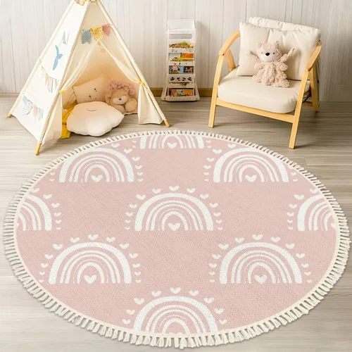 Vista 13 de Alfombra redonda bohemia para niños, dibujada a mano sin costuras con arco iris rosa pastel, alfombra de verano para bebé, alfombra de lino, Multi3