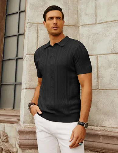 Vista 2 de PJ PAUL JONES Polo de punto para hombre, camisa de manga corta con textura de punto, camisetas de golf para hombre