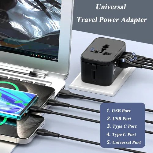 Vista 2 de Adaptador de corriente universal de viaje, adaptador de carga rápida PD de 20 W, convertidor de enchufe de viaje internacional con 2 puertos USB A