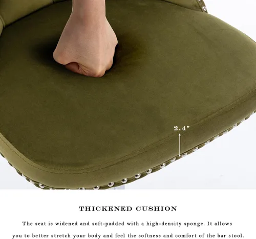 Vista 153 de SoarFlash Juego de 2 taburetes de bar tapizados de terciopelo moderno con patas de madera, botones acolchados, cabeza de clavo cromada, asiento