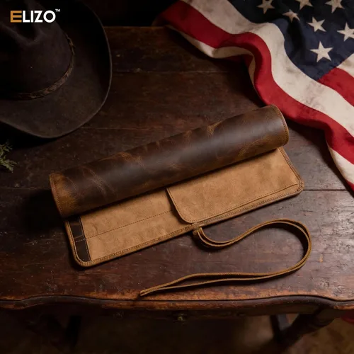 Vista 6 de ELIZO Bolsa de rollo para cuchillos de cuero, estuche para cuchillos de chef profesional, funda duradera para cuchillos, almacenamiento portátil