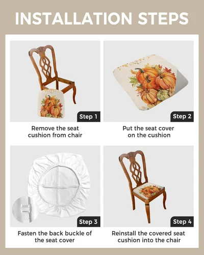 Vista 4 de LiDU Juego de 4 fundas de asiento de otoño de calabazas naranjas para sillas de comedor, fundas protectoras para sillas de Acción de Gracias, fundas