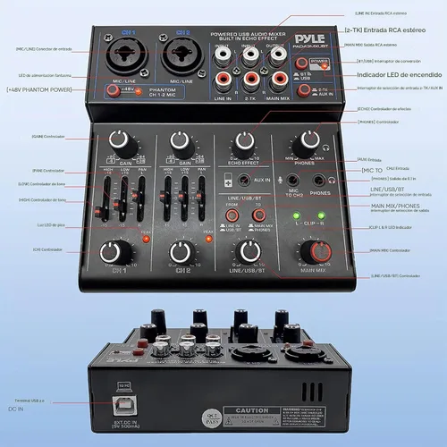 Vista 3 de Mezclador de audio inalámbrico profesional Pyle DJ - Mezclador de sonido con controlador Bluetooth de 4 canales, interfaz de audio USB, 2 entradas
