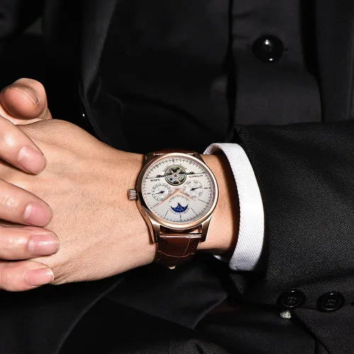 Vista 2 de LIGE Relojes mecánicos de lujo para hombre, reloj de pulsera automático de cuero blanco dorado