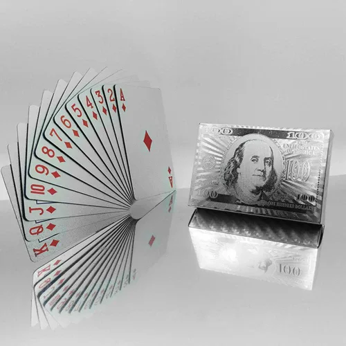 Vista 5 de Paquete de 2 cartas de póquer de plástico resistentes al agua de dólar y plata doradas altamente flexibles, cartas de papel de aluminio dorado