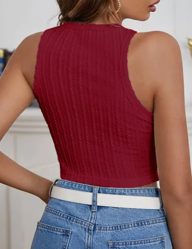 Vista 4 de Zeagoo Camisetas sin mangas cortas y sexys para mujer, de punto acanalado, sin mangas, cuello alto, lindas camisetas cortas de verano Y2k