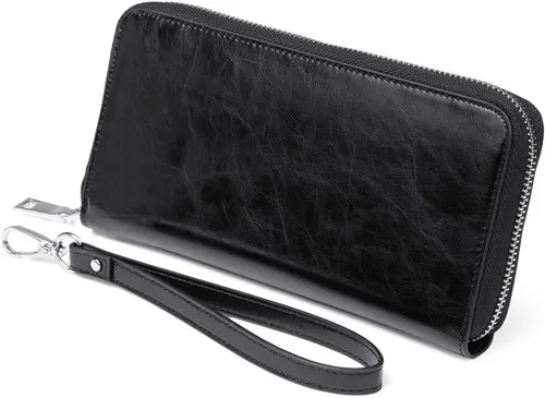 Vista 5 de [Usado] Carteras para mujer con bloqueo RFID de cuero con cremallera alrededor de la cartera de viaje Negro