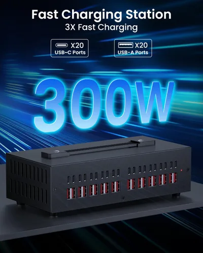 Vista 3 de Estación de carga USB~c de 300W, bloque de cargador USB de 40 puertos (20 USB A y 20 USB~C), estación de carga rápida para múltiples dispositivos
