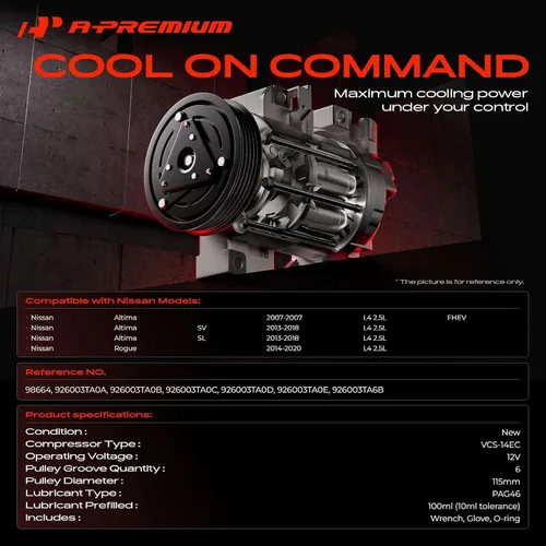 Vista 2 de A-Premium Compresor de aire acondicionado AC con embrague Compatible con Nissan Altima 2.5L 2007 2013-2018, Rogue 2.5L 2014-2020, estilo VCS-14EC
