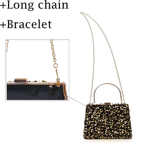 Vista 5 de Bolso de noche para mujer, con lentejuelas, trapezoidal, portátil, brillante, para fiesta, boda, cóctel, baile de graduación