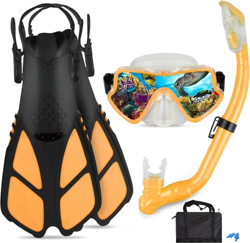Vista 6 de Juego de esnórquel para niños – Aletas ajustables + máscara de esnórquel panorámica + tubo de esnórquel seco + bolsas de viaje – Adecuado para niños