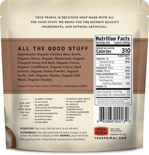 Vista 2 de True Primal Sopa orgánica de carne de res y champiñones, lista para comer, sin gluten, paleo, carne de res alimentada con pasto, Whole30, Keto, AIP