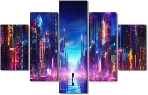 Vista 115 de Póster de 5 paneles en lienzo para decoración de pared, diseño de centro urbano Cyberpunk, impresión moderna, decoración de pared para el hogar