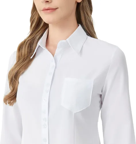 Vista 3 de Camisa clásica con botones y bolsillos, blusa de manga larga con cuello para mujer
