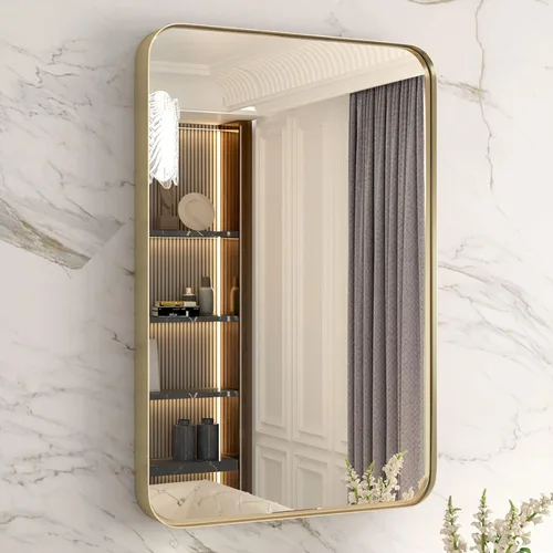 Vista 8 de Espejo de baño dorado de 24 x 36 pulgadas, espejo rectangular con marco de metal cepillado con esquina redondeada, espejo de tocador de baño dorado