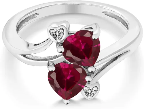Vista 2 de Gem Stone King Anillo de diamante de oro blanco de 10 quilates con forma de corazón rojo y rubí creado de 1.96 quilates