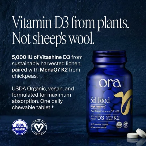 Vista 3 de Ora Organic Vitamina D3 5000IU + K2 – Vitamina D vegana de liquen y K2 de garbanzos para la salud ósea, apoyo inmunológico y estado de ánimo, máxima