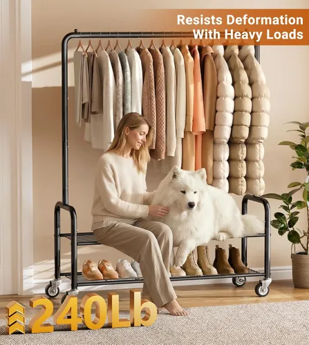 Vista 3 de AOODA Perchero resistente con estantes, estantes de ropa de metal de 46.5 pulgadas para colgar ropa, perchero con ruedas con cerradura para abrigos