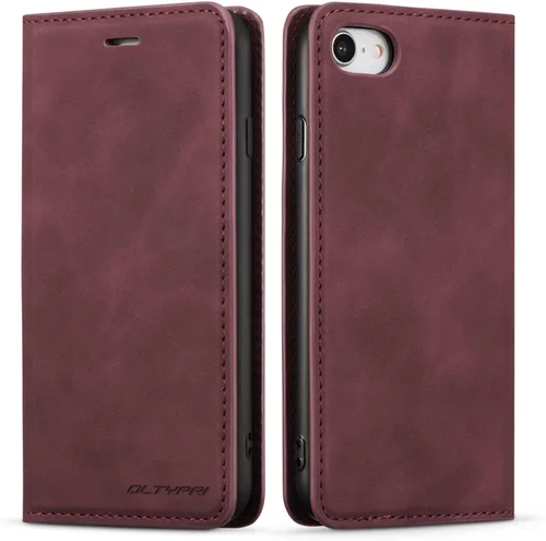 Vista 18 de QLTYPRI Funda para iPhone 6 Plus/6S Plus, cubierta de piel PU con tarjetero, funda tipo billetera con solapa magnética y a prueba de golpes - Vino