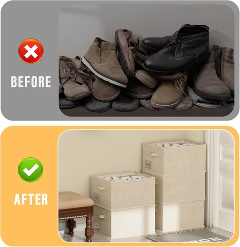 Vista 3 de FHSQX Paquete de 4 organizadores de zapatos para armario, organizador de zapatos plegable, se adapta a hasta 48 pares, contenedores de Beige