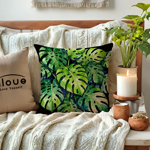 Vista 2 de Juego de 2 fundas de almohada de hojas de Monstera con diseño de hojas de palmera tropical, con temática botánica, fundas de almohada decorativas