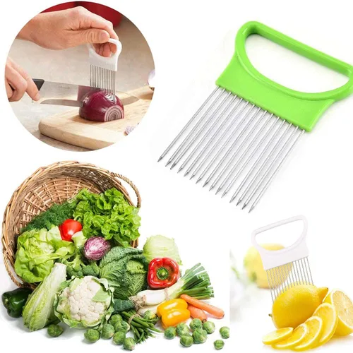 Vista 7 de Juego de 4 piezas de soporte de cebolla, cortador de cebolla, de acero inoxidable, fruta, tomate, limón, patata, verduras, herramienta