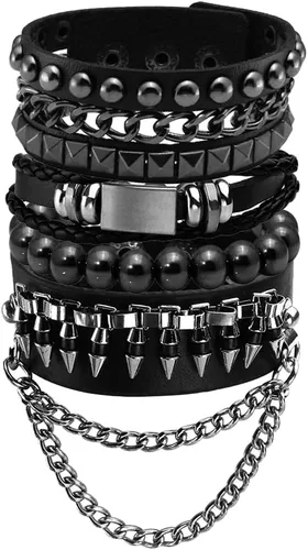 Vista 8 de Eigso Pulseras de cuero punk para hombres y mujeres, estilo retro de los años 80, hematita y rock, juego de pulseras de metal ajustables para hombre