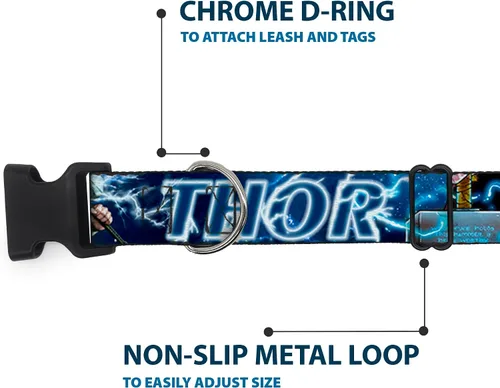 Vista 5 de Marvel Comics - Collar para mascotas, collar de perro, hebilla de plástico, Avengers Thor Hammer Action Pose Galaxy Blues White, 9.5 a 13 pulgadas
