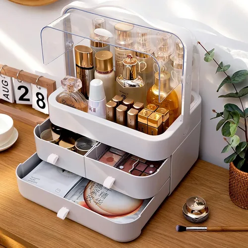 Vista 3 de Organizador de maquillaje grande con soporte para pinceles, organizador de cuidado de la piel impermeable y a prueba de polvo con tapa y cajones