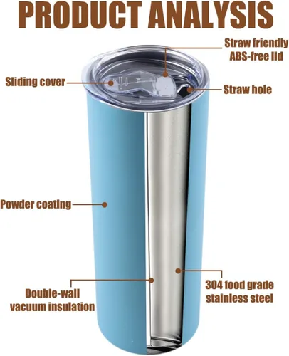 Vista 2 de Amtidy Paquete de 12 vasos delgados de 20 onzas con tapa y popote, vaso aislado al vacío de doble pared para bebidas frías y calientes