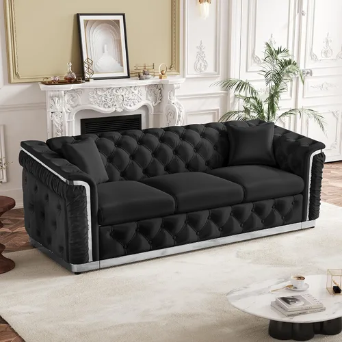 Vista 17 de Sofá de dos plazas Chesterfield de terciopelo de 62.2 pulgadas, sofá de lujo blanco y dorado, beige Gris