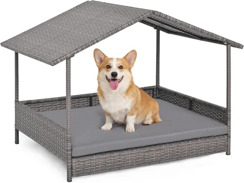 Vista 11 de Giantex Casa de mimbre para perro, cama elevada de ratán para perros con techo impermeable, funda de cojín lavable, marco de acero, cama elevada