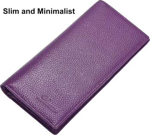 Vista 2 de Lavemi Cartera de cuero ultradelgada para mujer con bloqueo RFID, soporte para tarjetas de crédito plegable, billetera larga de dama