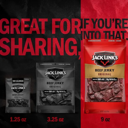 Vista 6 de Jack Link's Carne seca original, gran aperitivo diario, 0.35 oz de proteína y 80 calorías, hecha con 100% carne de res, 96% libre de grasa, sin MSG