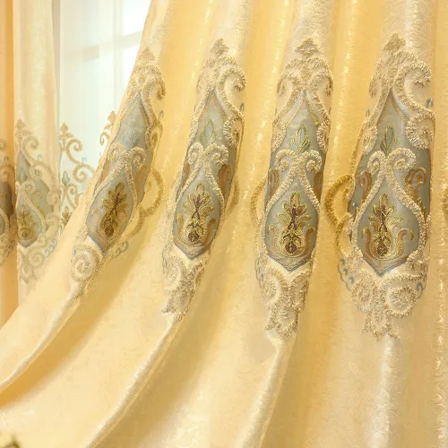Vista 4 de MYRU 1 par de cortinas de estilo europeo para sala de estar, oscurecimiento de la habitación, cortinas doradas de lujo para ventana pequeña
