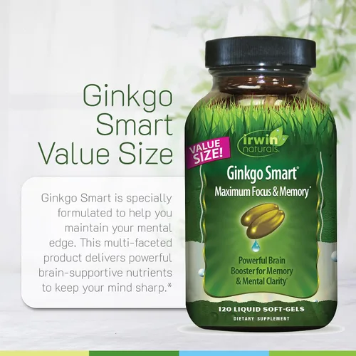 Vista 5 de Irwin Naturals Ginkgo Smart - Suplementos cerebrales para la memoria y la concentración con Ginkgo Biloba, acetil-L-carnitina, DMAE y BioPerine