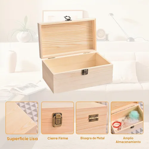 Vista 3 de Caja de madera grande con tapa con bisagras Caja de recuerdo