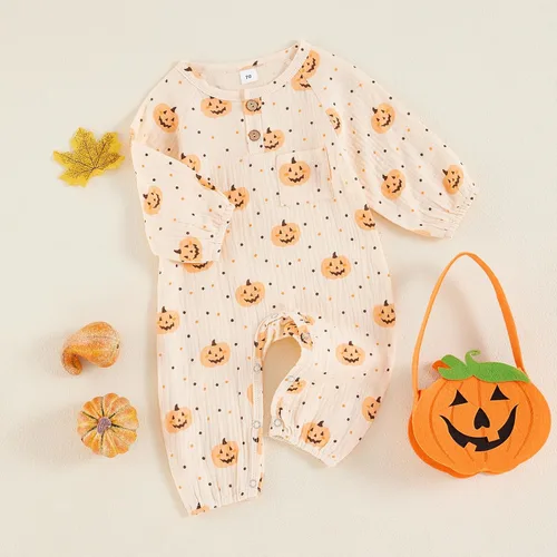 Vista 71 de Disfraz de Halloween para bebé niño y niña, mameluco de manga larga con diseño de calabaza, mameluco para Halloween