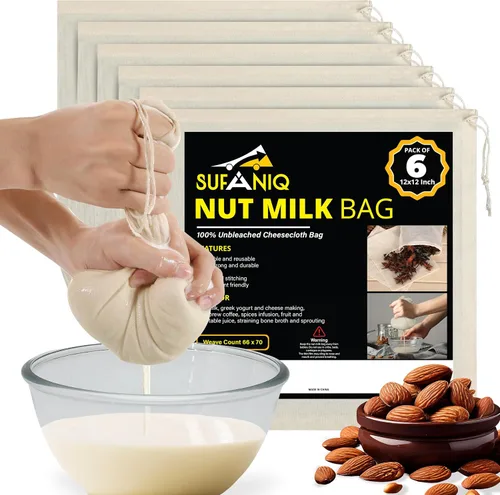 Vista 8 de SUFANIQ - Bolsa de leche de nueces, 2 bolsas (12 x 12 pulgadas), bolsa de tela de queso 100% algodón sin blanquear para colar, bolsa de leche