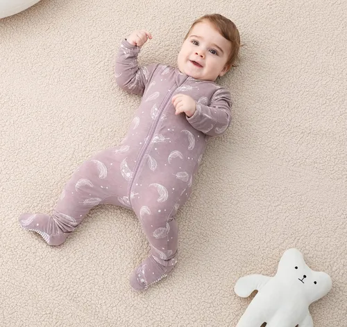 Vista 2 de Owlivia Pijama de bambú para bebé y niña, con cremallera frontal antideslizante
