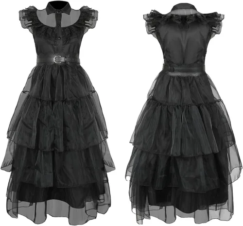 Vista 2 de Pigmiss Wednesday Addams - Vestido de disfraz para niñas con peluca Addams, cosa familiar, mano, Halloween, disfraz de cosplay para niños