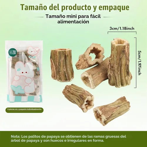 Vista 6 de Abizoo Juguetes masticables naturales de conejo, 6 piezas de madera de papaya orgánica, juguetes masticables para conejo, hámster, cobaya