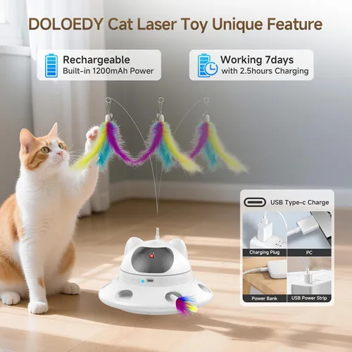 Vista 5 de Juguete láser para gatos, juguete automático interactivo 3 en 1 para gatos de interior, 5 patrones de luz láser roja ajustables, sensor inteligente